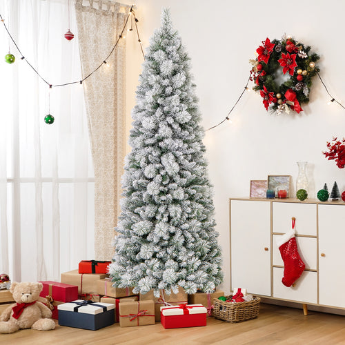 7 Feet Flocked Christmas Tree with Pine Needles and LED Lights, Green