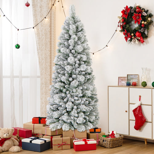 6 Feet Flocked Christmas Tree with Pine Needles and LED Lights, Green