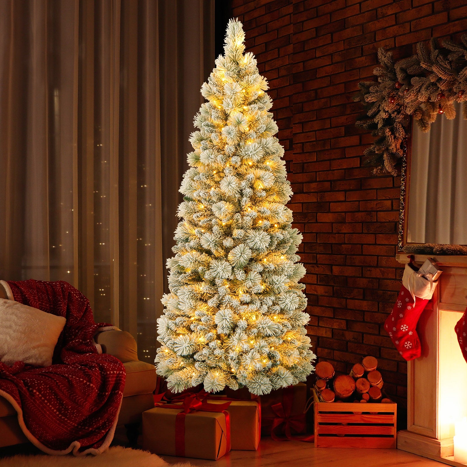 6 Feet Flocked Christmas Tree with Pine Needles and LED Lights, Green Christmas Tree at Gallery Canada