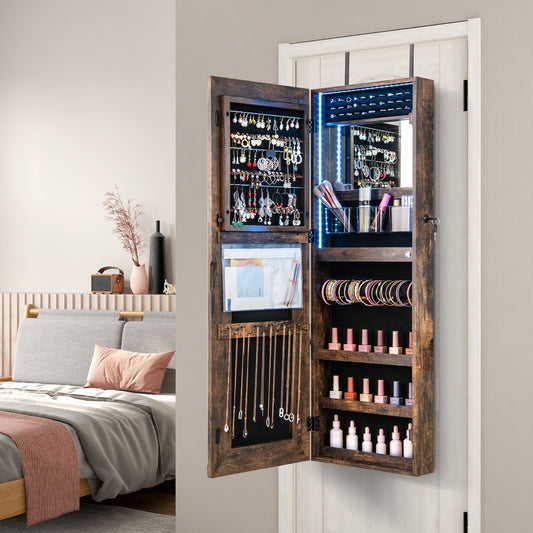 42.5 Inches Lockable Jewelry Mirror Wall Cabinet with 3-Color LED Lights, Rustic Brown Jewelry Armoires Rustic Brown  at Gallery Canada