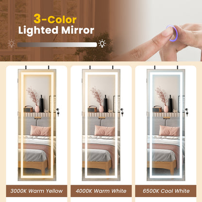 42.5 Inches Lockable Jewelry Mirror Wall Cabinet with 3-Color LED Lights, Rustic Brown Jewelry Armoires   at Gallery Canada