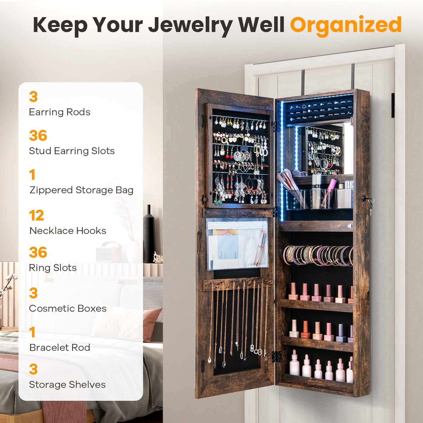 42.5 Inches Lockable Jewelry Mirror Wall Cabinet with 3-Color LED Lights, Rustic Brown Jewelry Armoires   at Gallery Canada