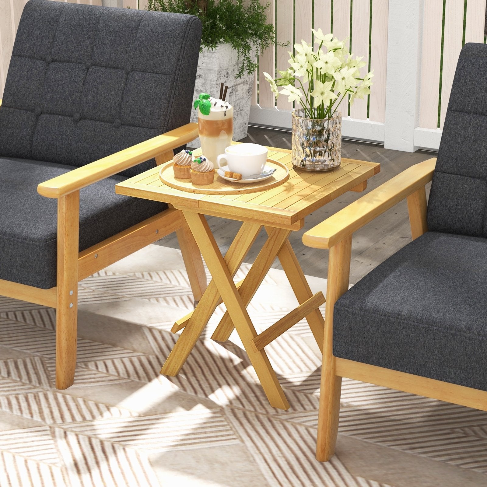 Teak Wood Square Coffee Table with X-shaped Legs and Slatted Tabletop, Natural Patio Coffee Tables   at Gallery Canada