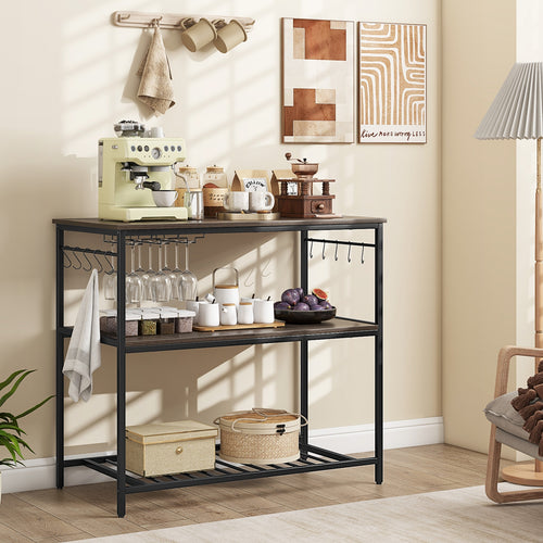 Kitchen Island with 3 Shelves Wine Glass Holders and 10 Hooks, Gray