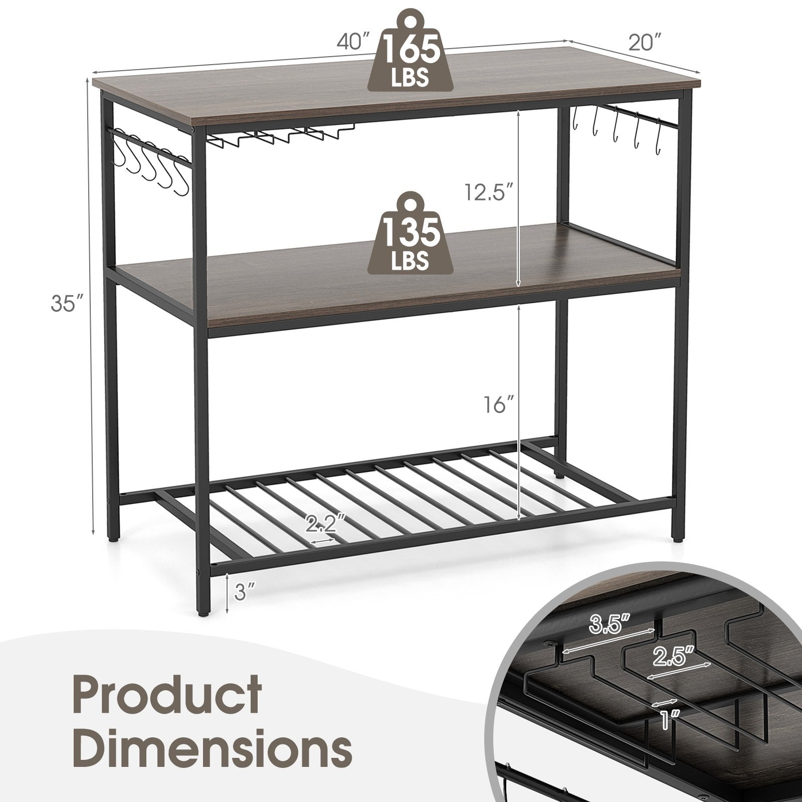 Kitchen Island with 3 Shelves Wine Glass Holders and 10 Hooks, Gray Kitchen Islands & Carts   at Gallery Canada