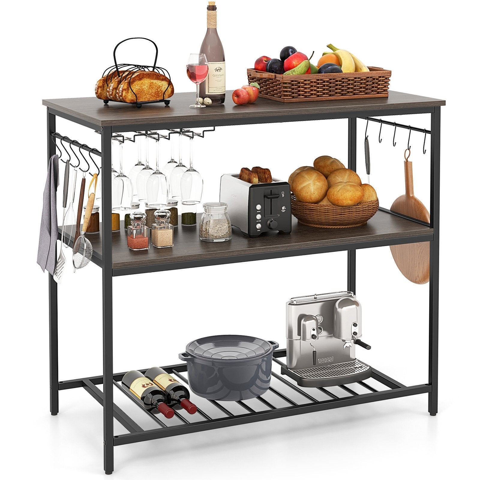 Kitchen Island with 3 Shelves Wine Glass Holders and 10 Hooks, Gray Kitchen Islands & Carts   at Gallery Canada