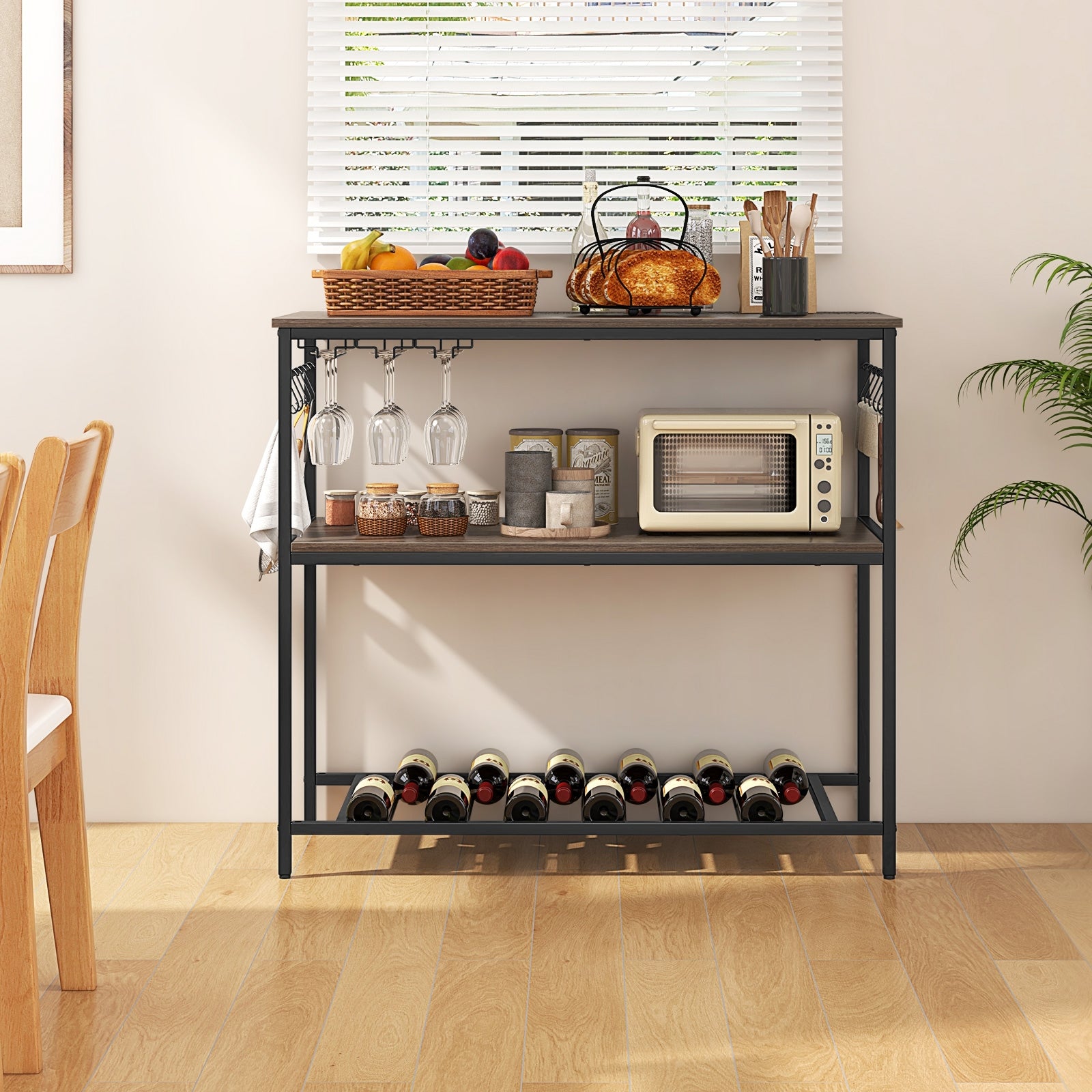 Kitchen Island with 3 Shelves Wine Glass Holders and 10 Hooks, Gray Kitchen Islands & Carts   at Gallery Canada