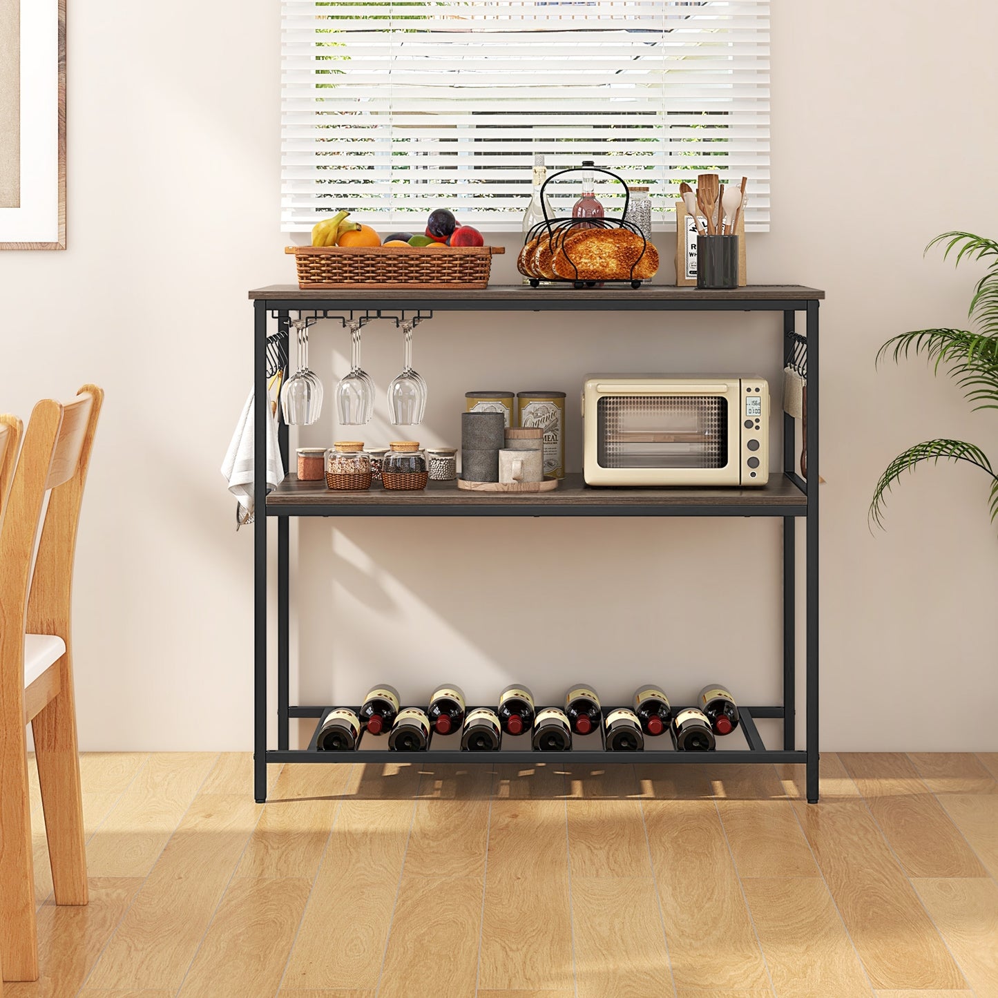 Kitchen Island with 3 Shelves Wine Glass Holders and 10 Hooks, Gray Kitchen Islands & Carts   at Gallery Canada