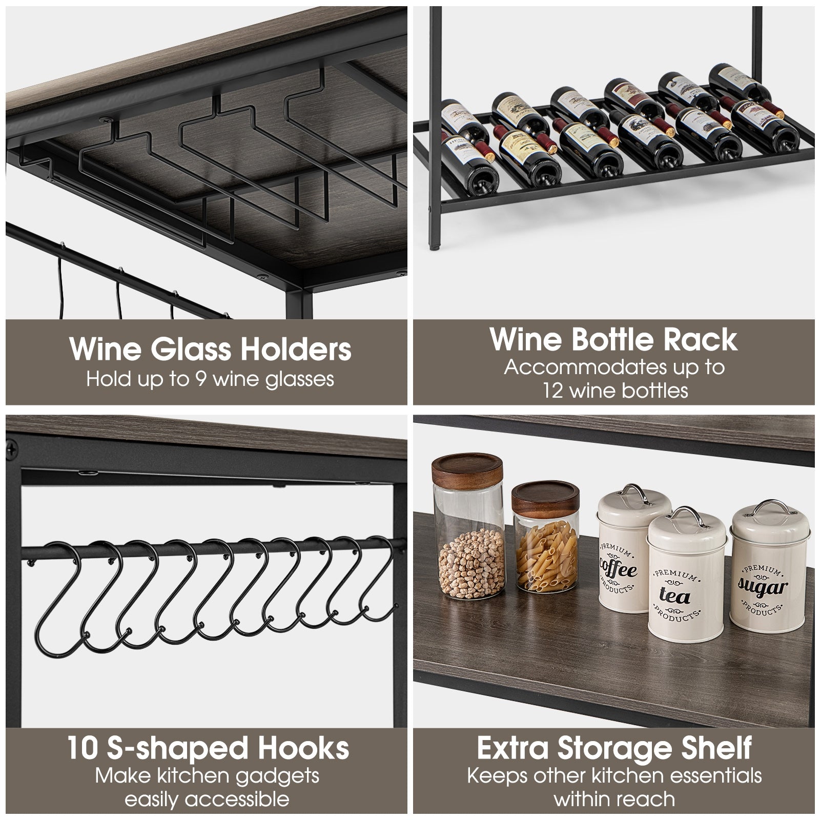 Kitchen Island with 3 Shelves Wine Glass Holders and 10 Hooks, Gray Kitchen Islands & Carts   at Gallery Canada