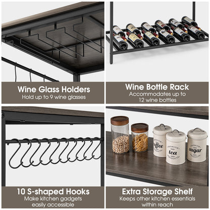 Kitchen Island with 3 Shelves Wine Glass Holders and 10 Hooks, Gray Kitchen Islands & Carts   at Gallery Canada