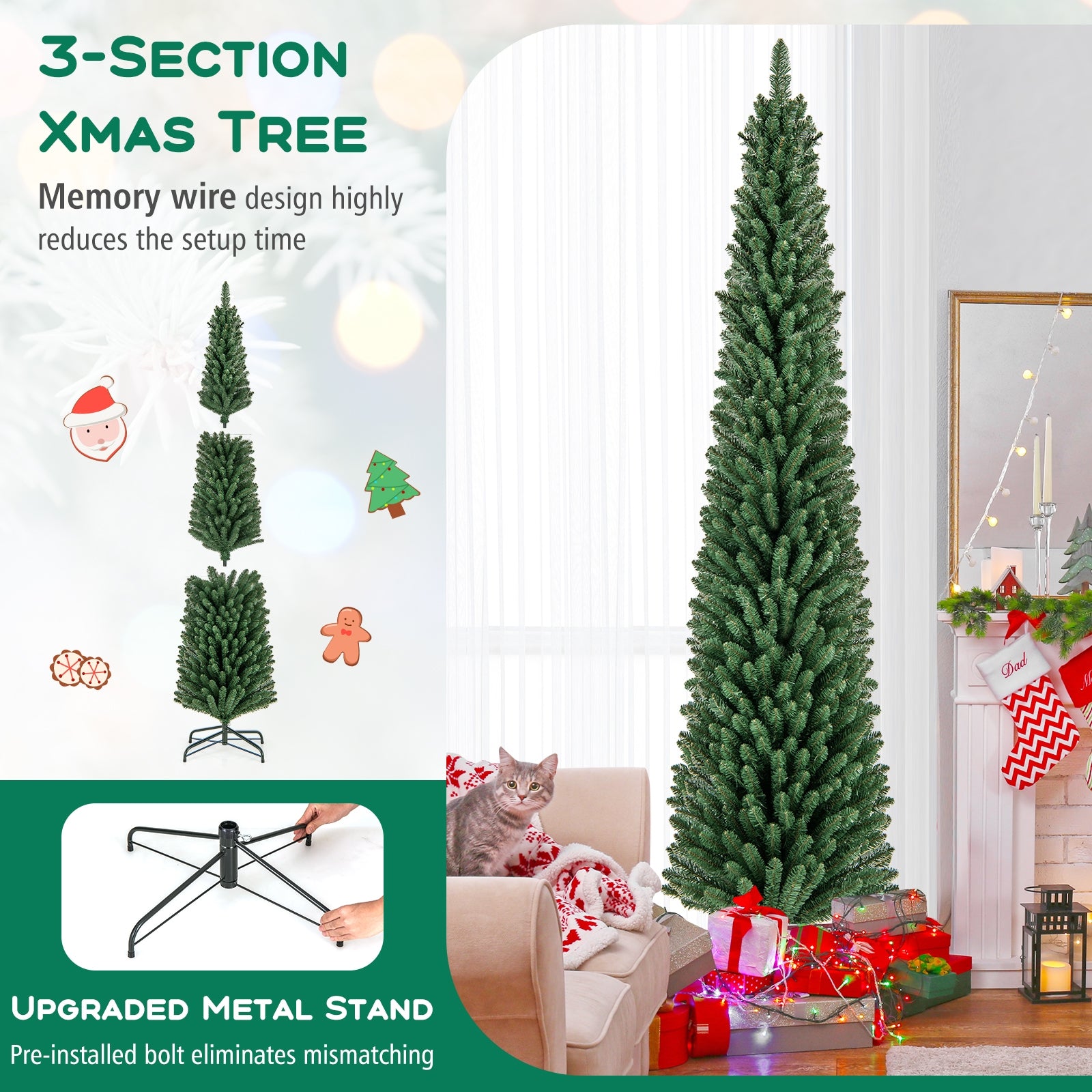 5/6/7/8 Feet Pencil Christmas Tree with 295/392/523/671 Memory Wire Branch Tips and Upgraded Metal Stand-8 ft Christmas Tree   at Gallery Canada