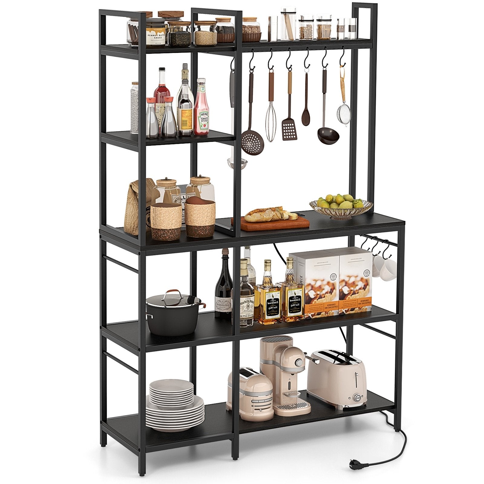 5-Tier Bakers Rack with Power Outlets and 10 S-Shaped Hooks, Black Baker's Racks   at Gallery Canada