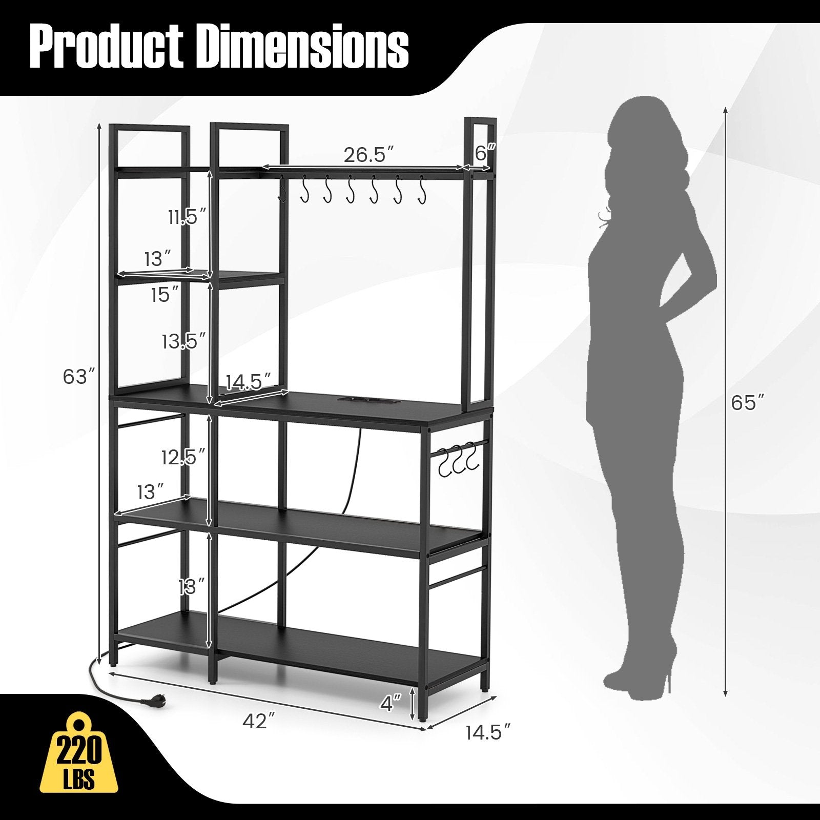 5-Tier Bakers Rack with Power Outlets and 10 S-Shaped Hooks, Black Baker's Racks   at Gallery Canada