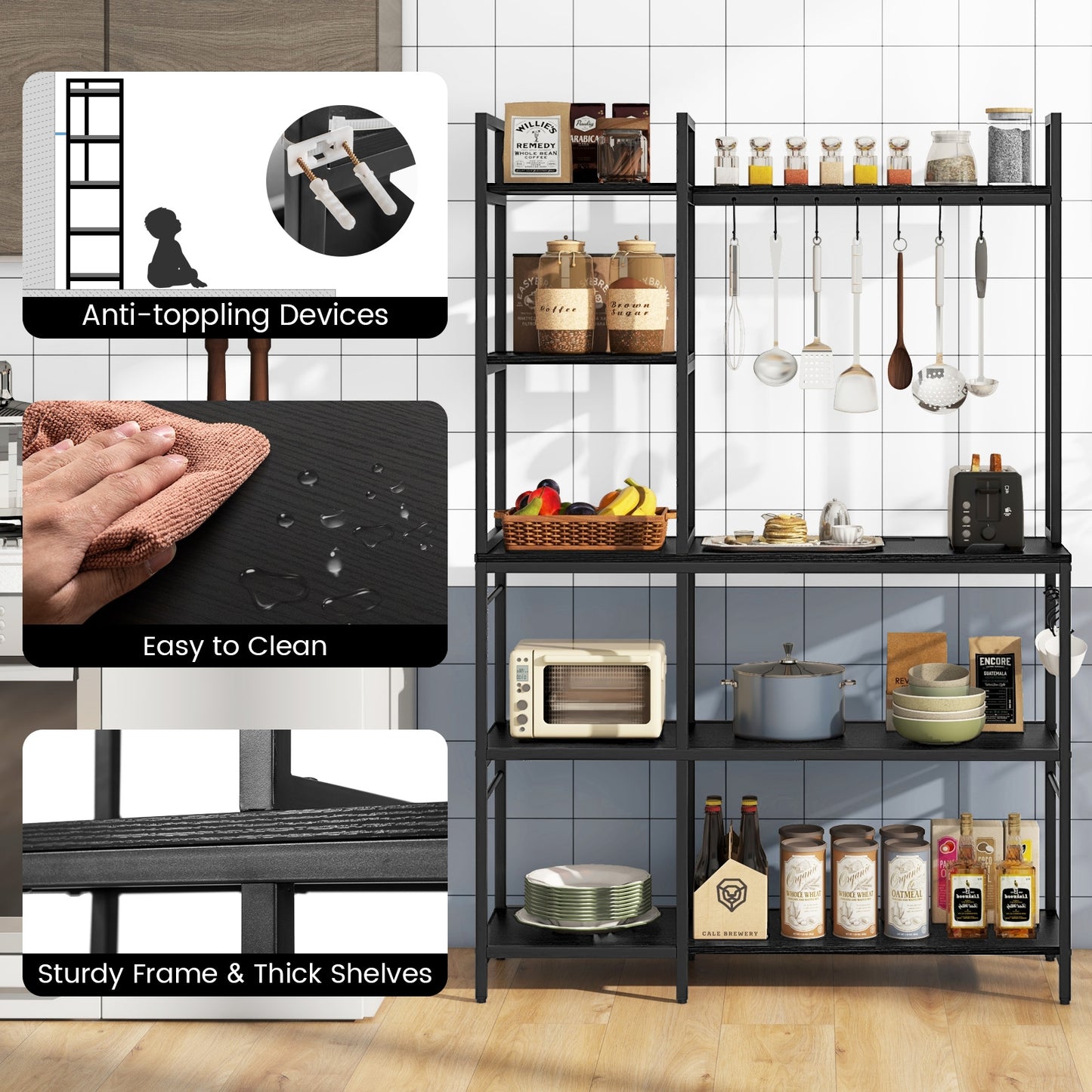 5-Tier Bakers Rack with Power Outlets and 10 S-Shaped Hooks, Black Baker's Racks   at Gallery Canada