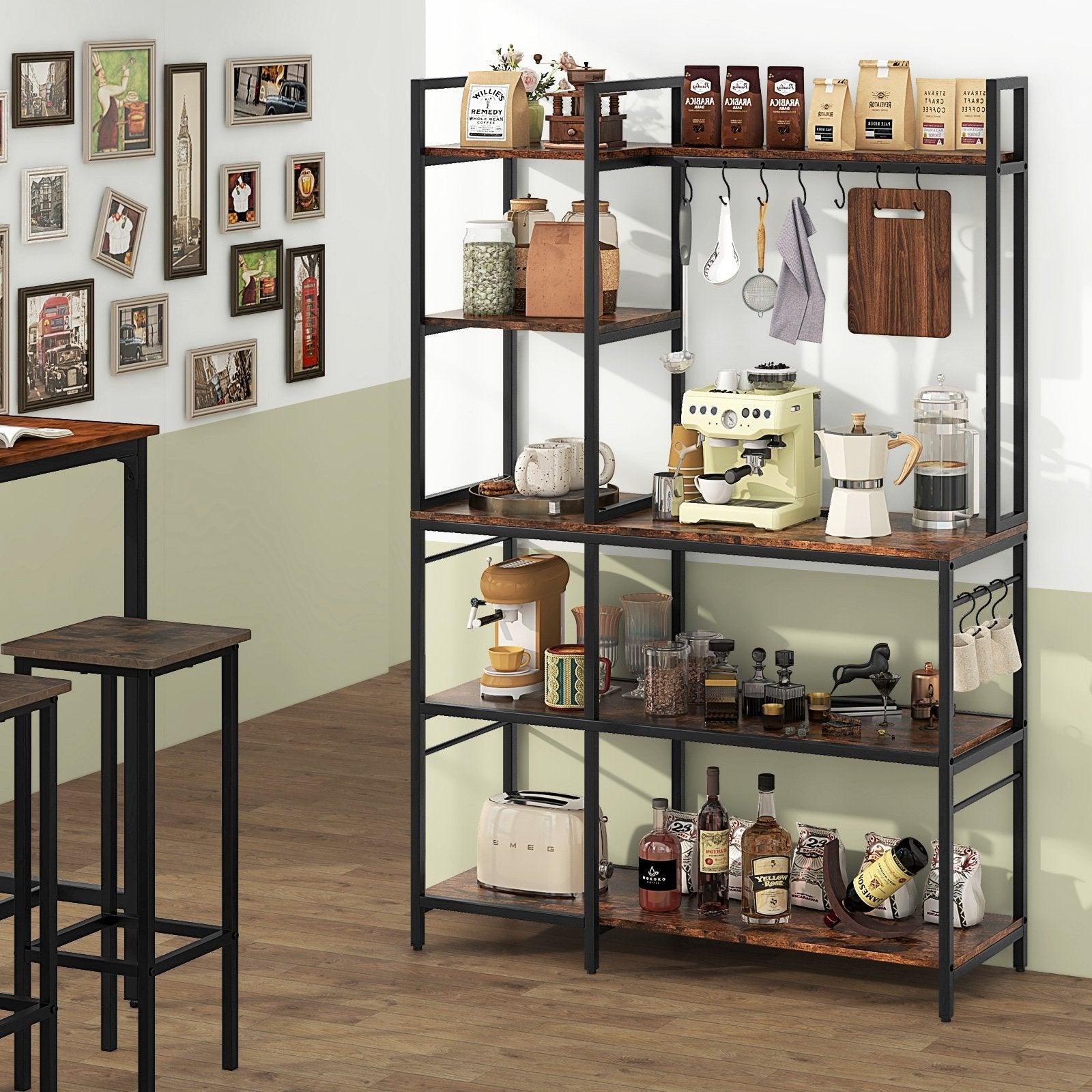 5-Tier Bakers Rack with Power Outlets and 10 S-Shaped Hooks, Rustic Brown Baker's Racks   at Gallery Canada