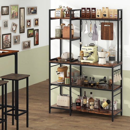 5-Tier Bakers Rack with Power Outlets and 10 S-Shaped Hooks, Rustic Brown