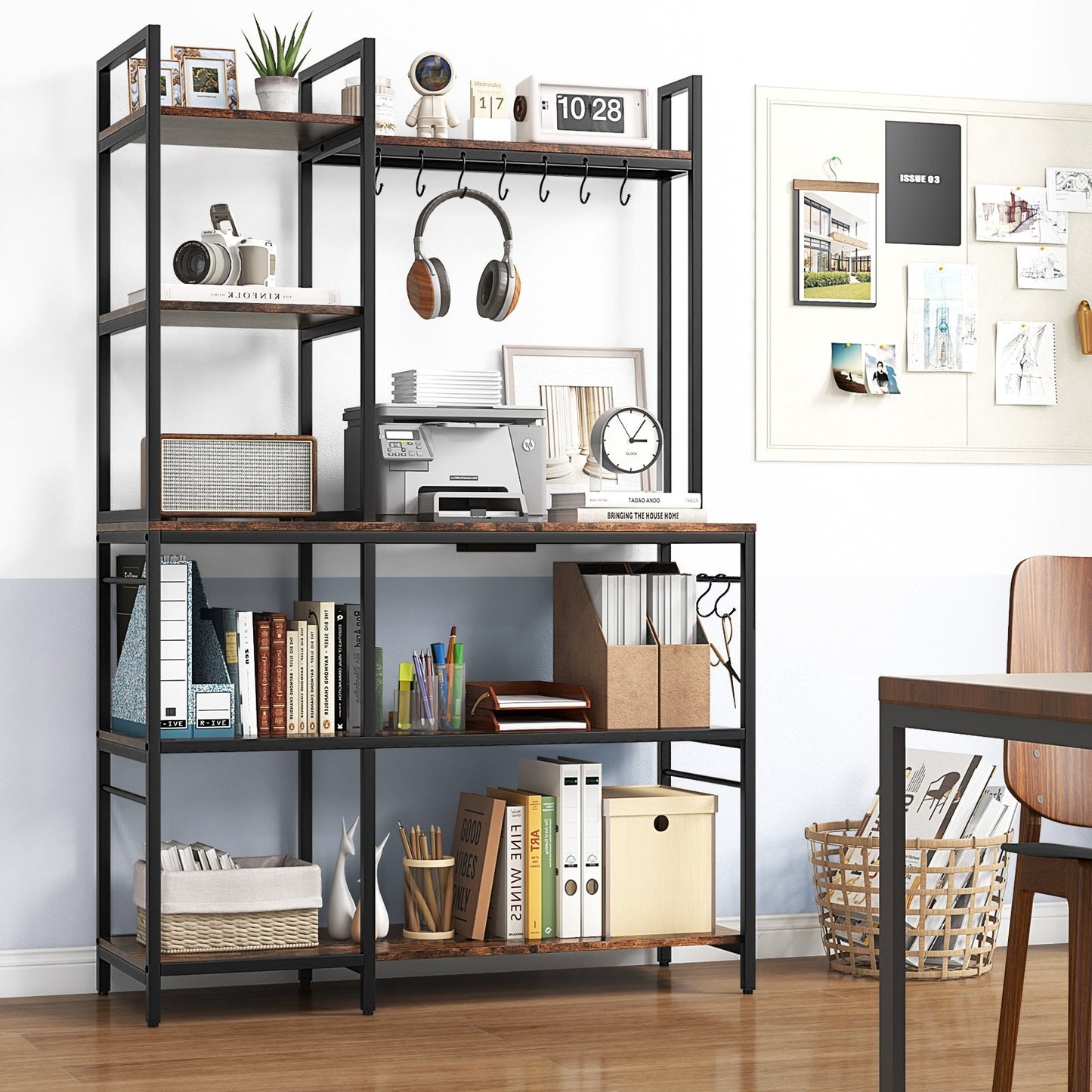 5-Tier Bakers Rack with Power Outlets and 10 S-Shaped Hooks, Rustic Brown Baker's Racks   at Gallery Canada