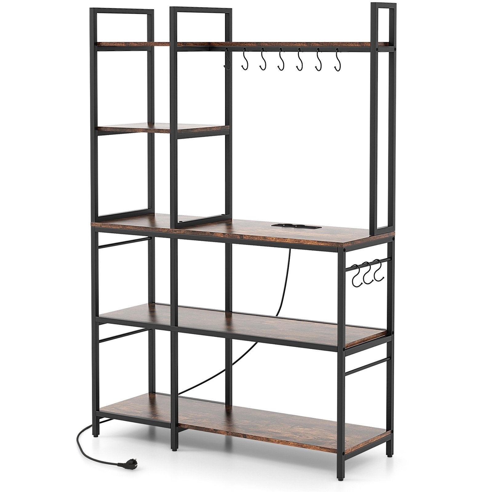 5-Tier Bakers Rack with Power Outlets and 10 S-Shaped Hooks, Rustic Brown Baker's Racks Rustic Brown  at Gallery Canada