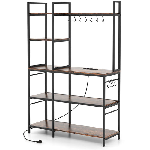 5-Tier Bakers Rack with Power Outlets and 10 S-Shaped Hooks, Rustic Brown