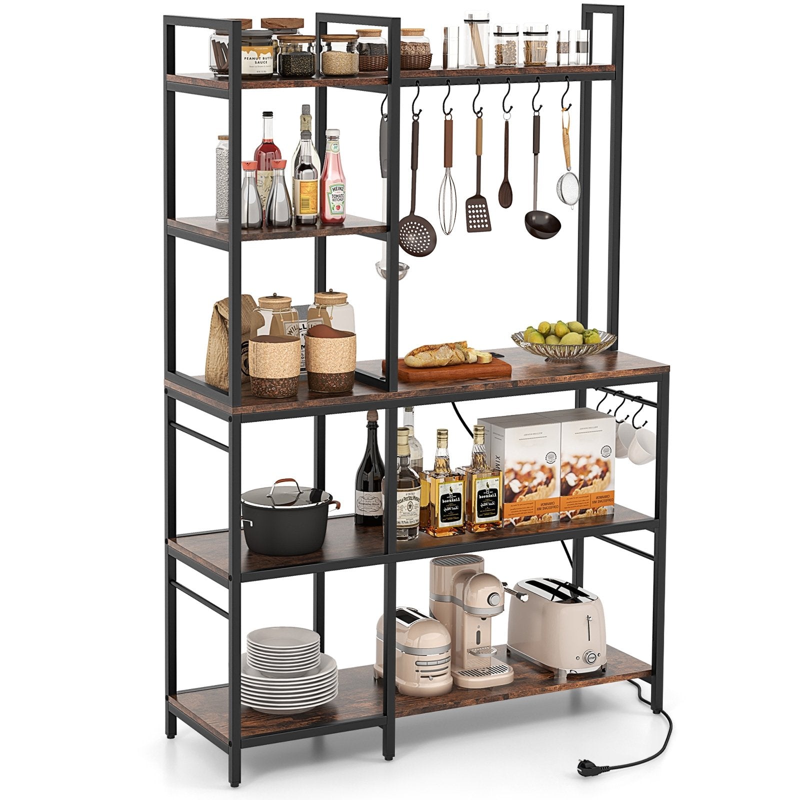 5-Tier Bakers Rack with Power Outlets and 10 S-Shaped Hooks, Rustic Brown Baker's Racks   at Gallery Canada