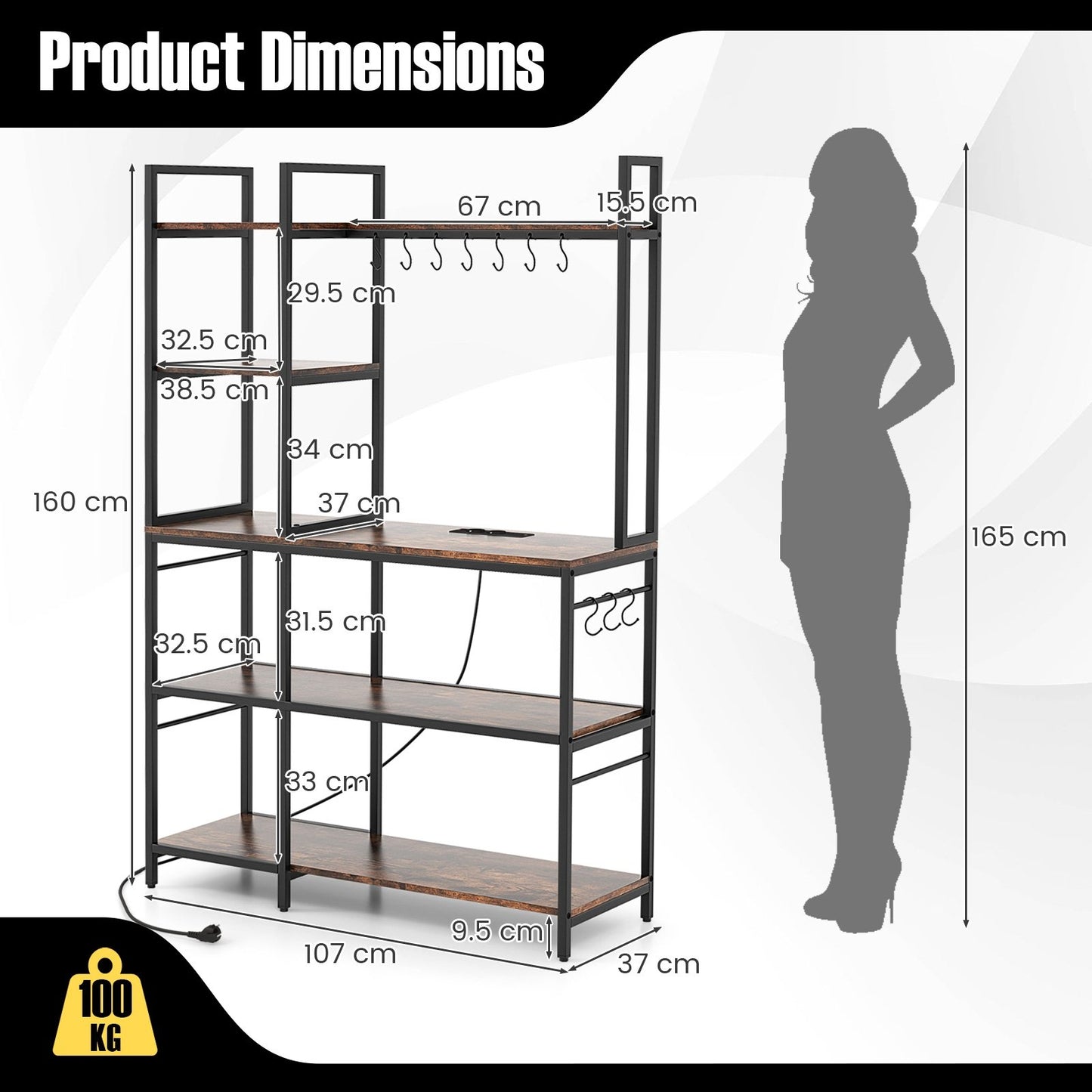 5-Tier Bakers Rack with Power Outlets and 10 S-Shaped Hooks, Rustic Brown Baker's Racks   at Gallery Canada