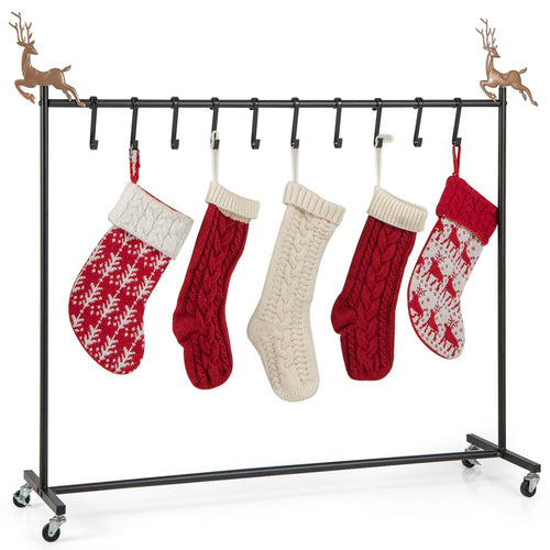 10-Hook Christmas Stocking Holder Stand on Wheels Freestanding Rack, Black