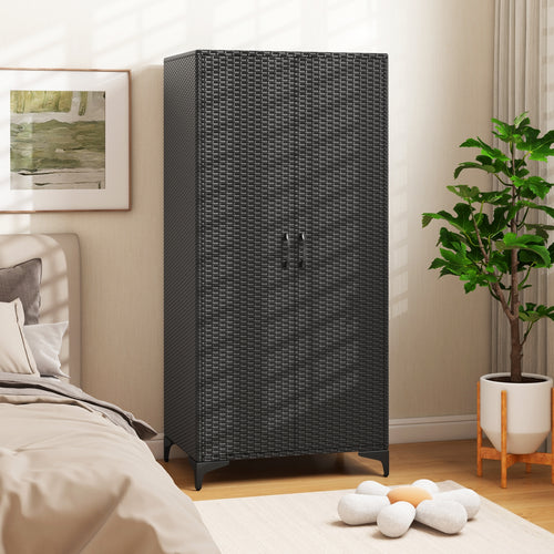 62 Inch Wicker Wardrobe with 2 Doors PE Rattan Closet with Hanging Rod, Black