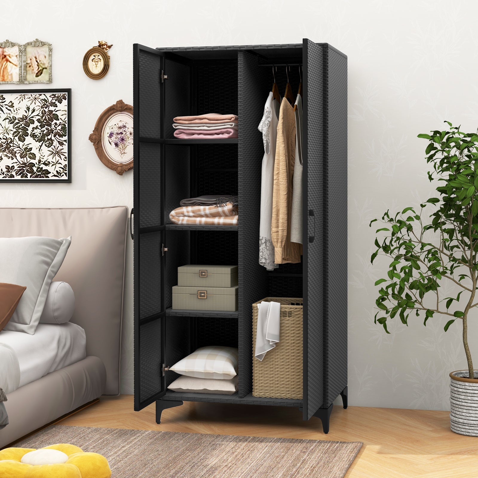 62 Inch Wicker Wardrobe with 2 Doors PE Rattan Closet with Hanging Rod, Black Armoires & Wardrobes at Gallery Canada