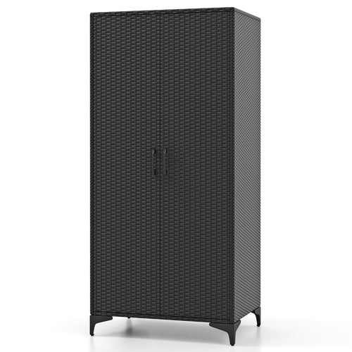 62 Inch Wicker Wardrobe with 2 Doors PE Rattan Closet with Hanging Rod, Black