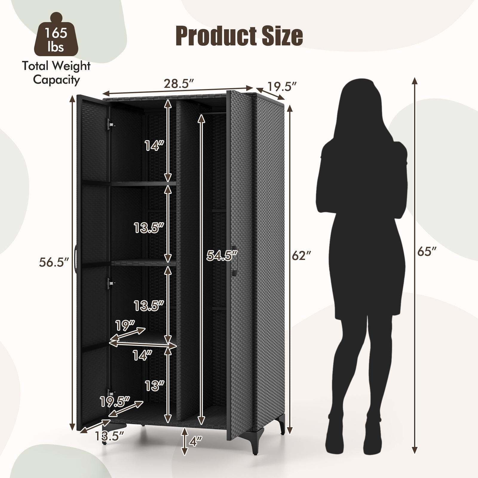 62 Inch Wicker Wardrobe with 2 Doors PE Rattan Closet with Hanging Rod, Black Armoires & Wardrobes at Gallery Canada