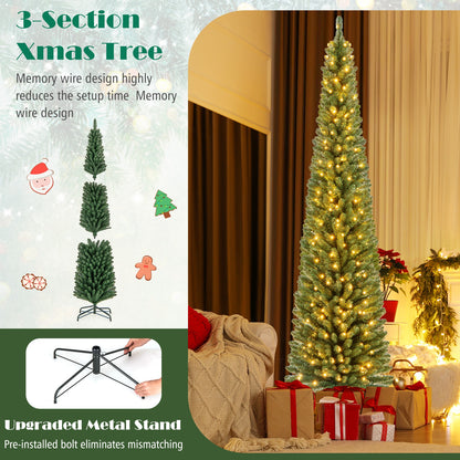 Pencil Christmas Tree with Memory Wire Branch Tips and Warm  LED Lights-8FT, Green Christmas Tree   at Gallery Canada