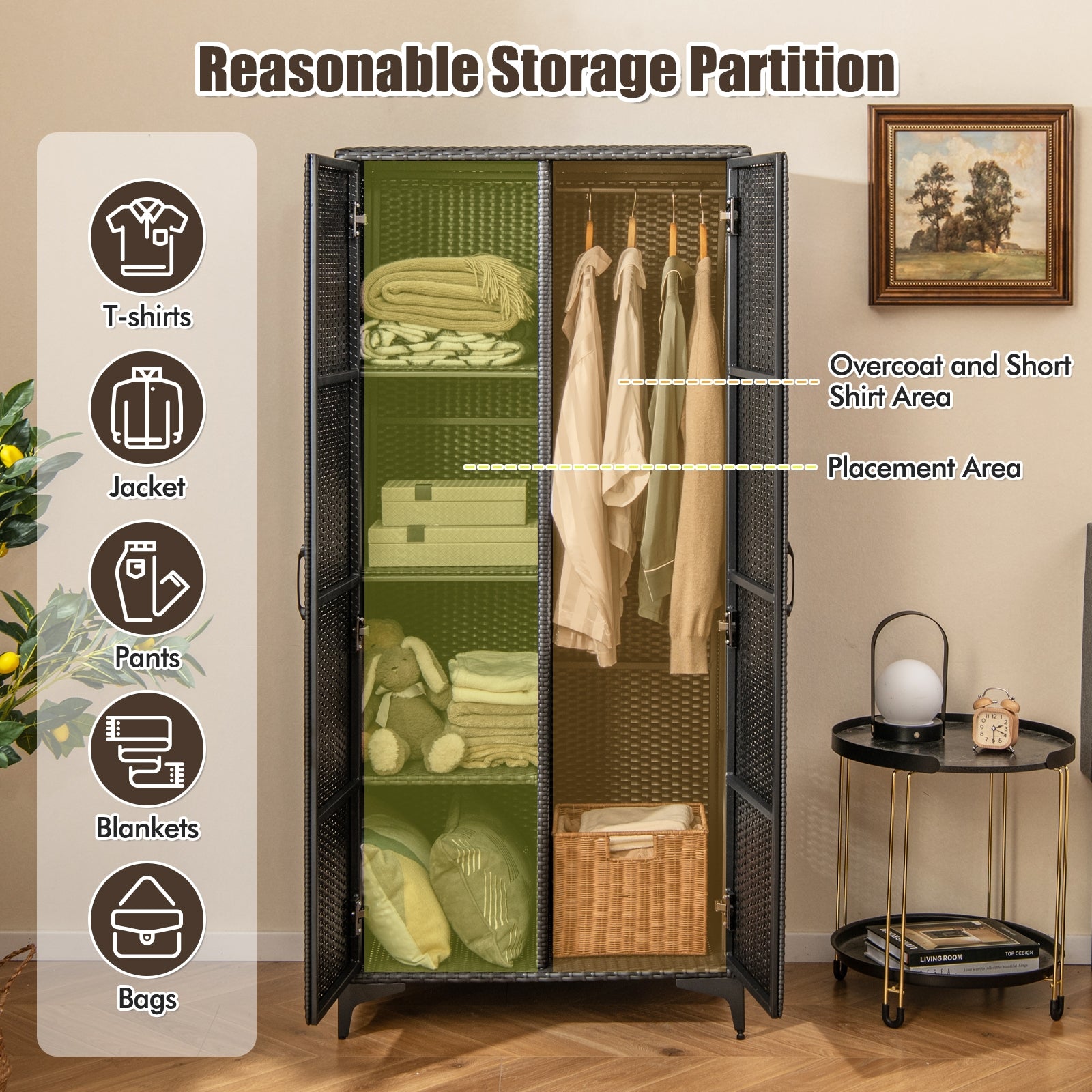 62 Inch Wicker Wardrobe with 2 Doors PE Rattan Closet with Hanging Rod, Black Armoires & Wardrobes at Gallery Canada