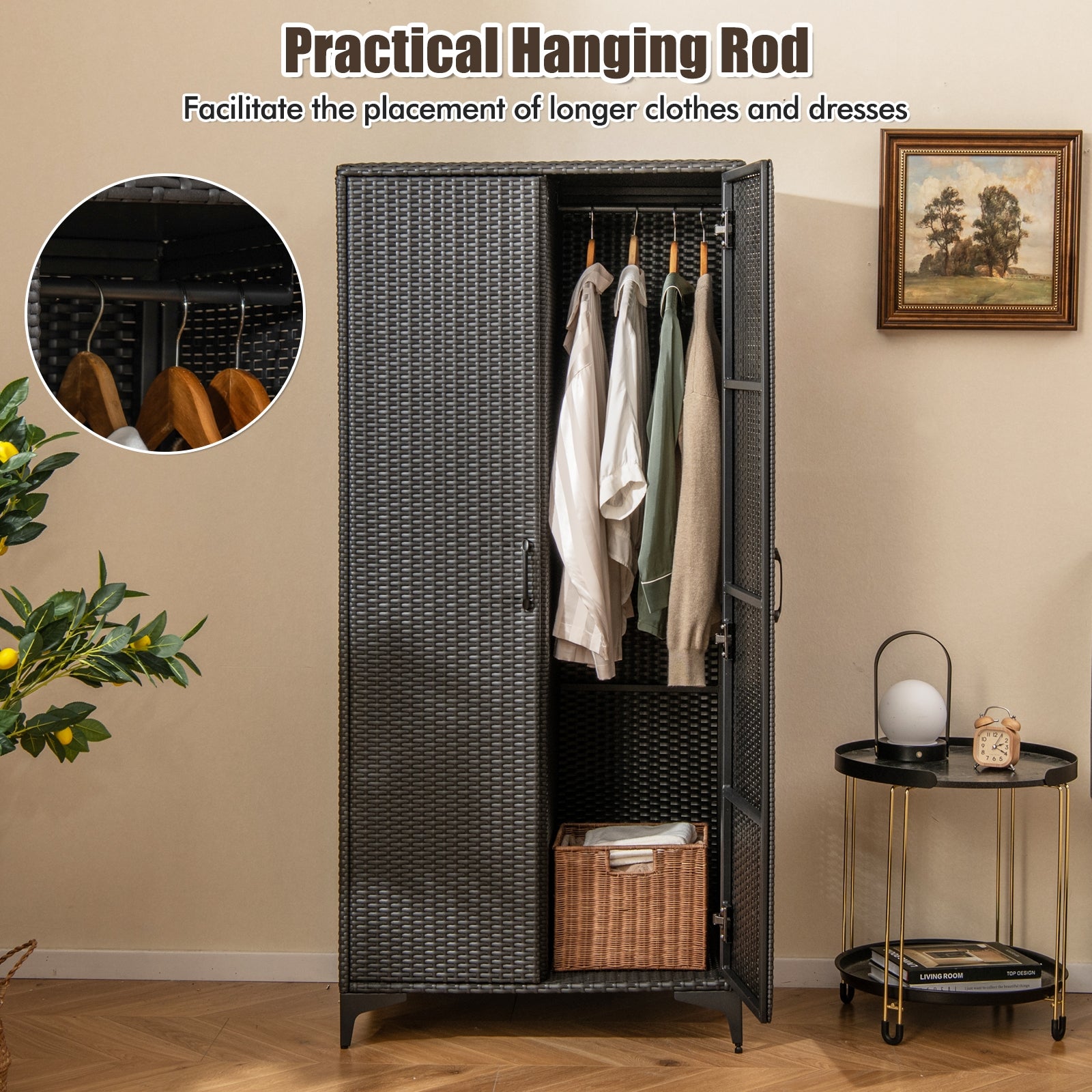 62 Inch Wicker Wardrobe with 2 Doors PE Rattan Closet with Hanging Rod, Black Armoires & Wardrobes at Gallery Canada