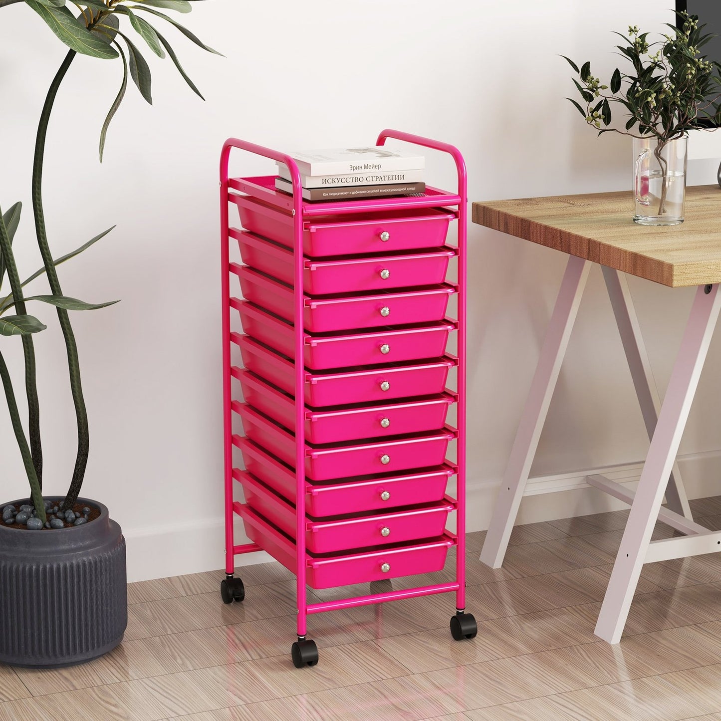 10 Drawer Rolling Storage Cart Organizer with 4 Universal Casters, Pink File Cabinets   at Gallery Canada