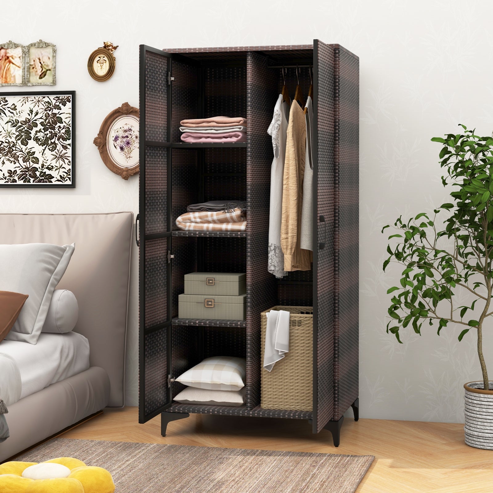 62 Inch Wicker Wardrobe with 2 Doors PE Rattan Closet with Hanging Rod, Brown Armoires & Wardrobes at Gallery Canada