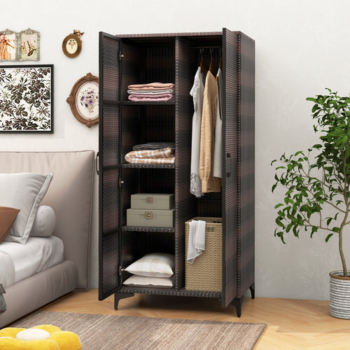 62 Inch Wicker Wardrobe with 2 Doors PE Rattan Closet with Hanging Rod, Brown