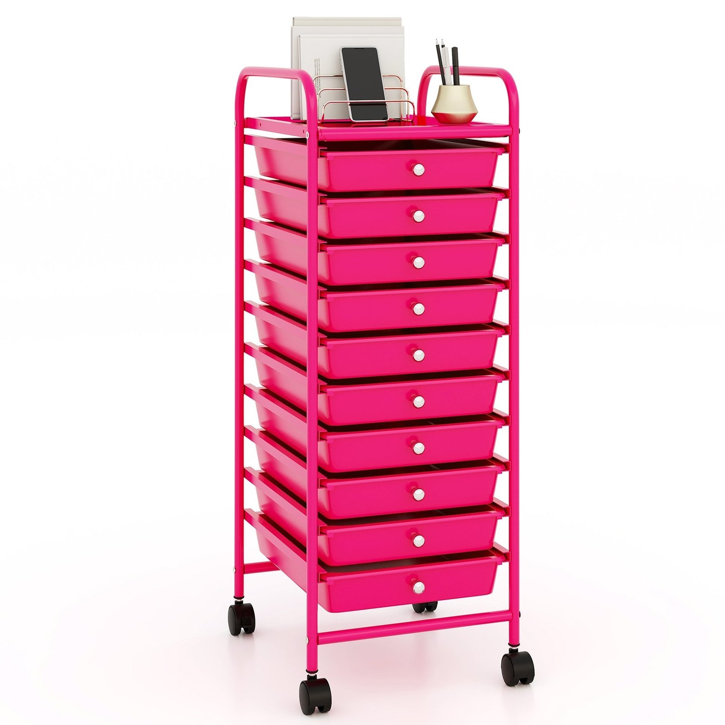 10 Drawer Rolling Storage Cart Organizer with 4 Universal Casters, Pink File Cabinets   at Gallery Canada