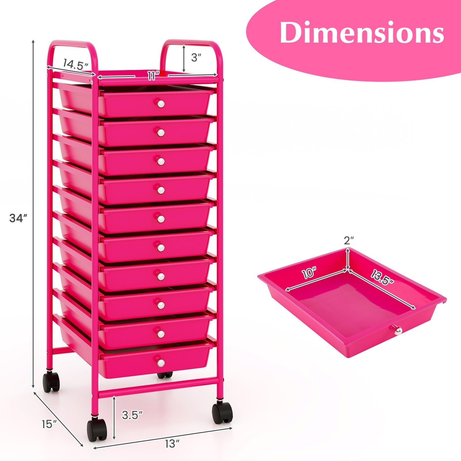 10 Drawer Rolling Storage Cart Organizer with 4 Universal Casters, Pink File Cabinets   at Gallery Canada