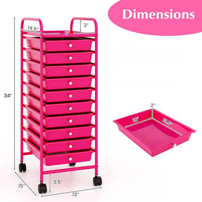 10 Drawer Rolling Storage Cart Organizer with 4 Universal Casters, Pink File Cabinets   at Gallery Canada