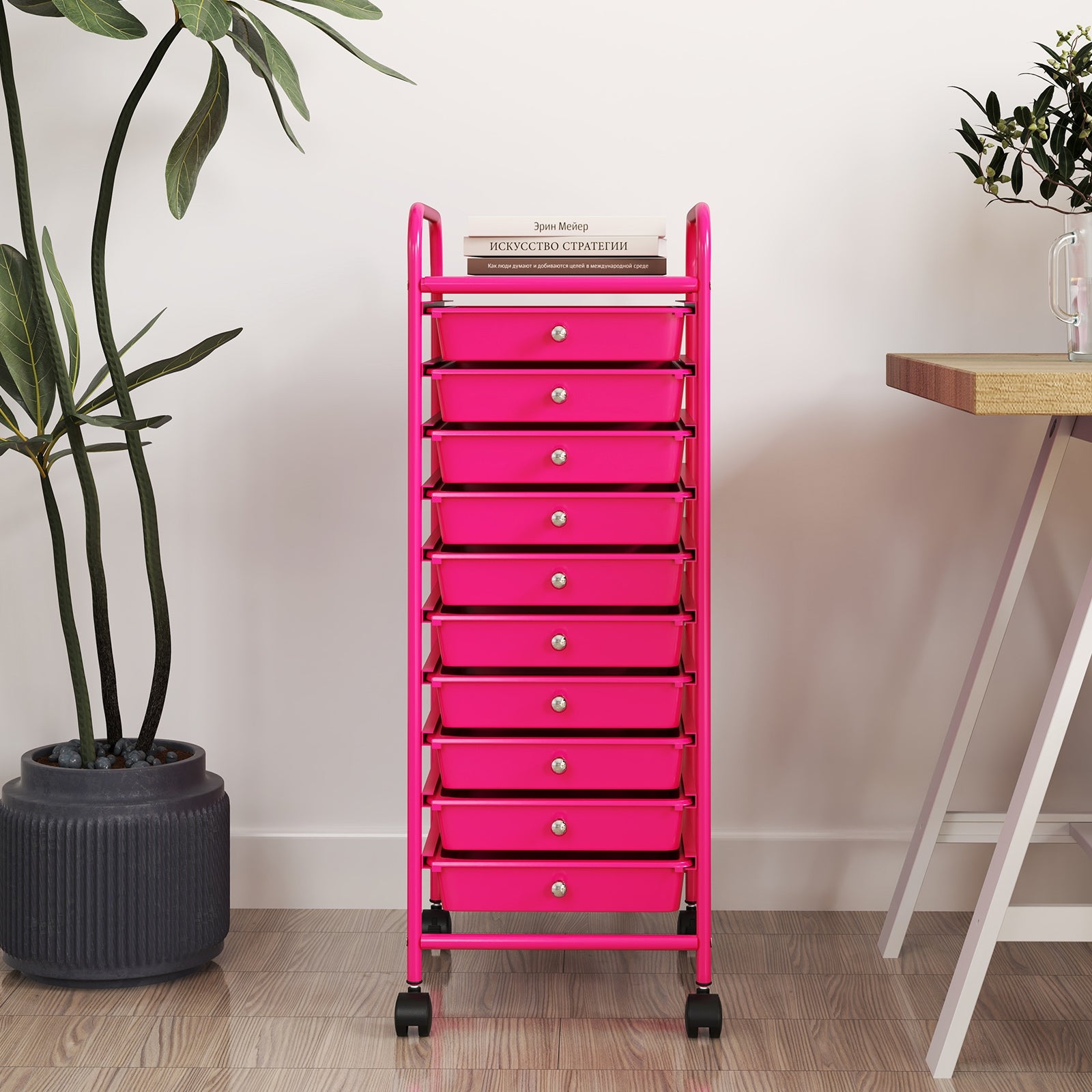 10 Drawer Rolling Storage Cart Organizer with 4 Universal Casters, Pink File Cabinets   at Gallery Canada