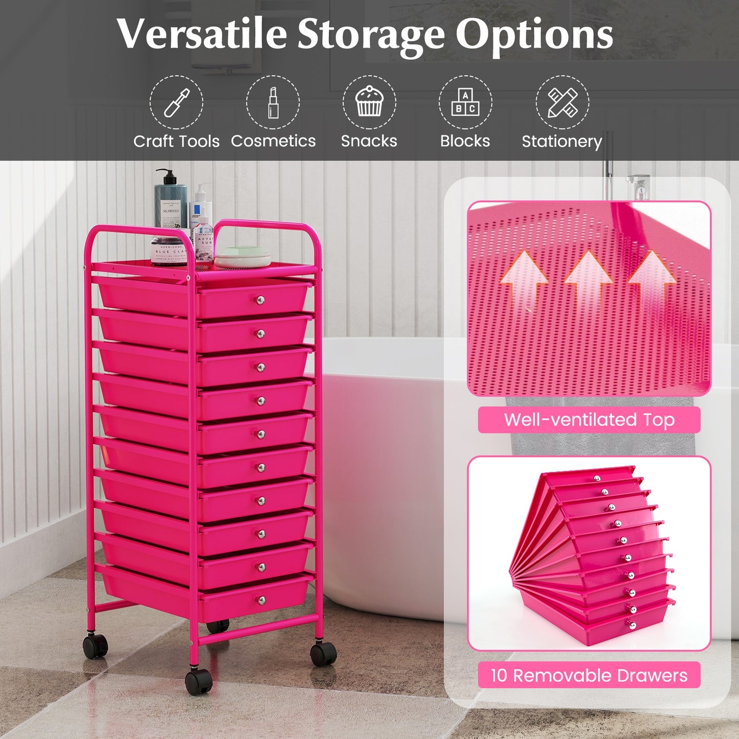 10 Drawer Rolling Storage Cart Organizer with 4 Universal Casters, Pink File Cabinets   at Gallery Canada