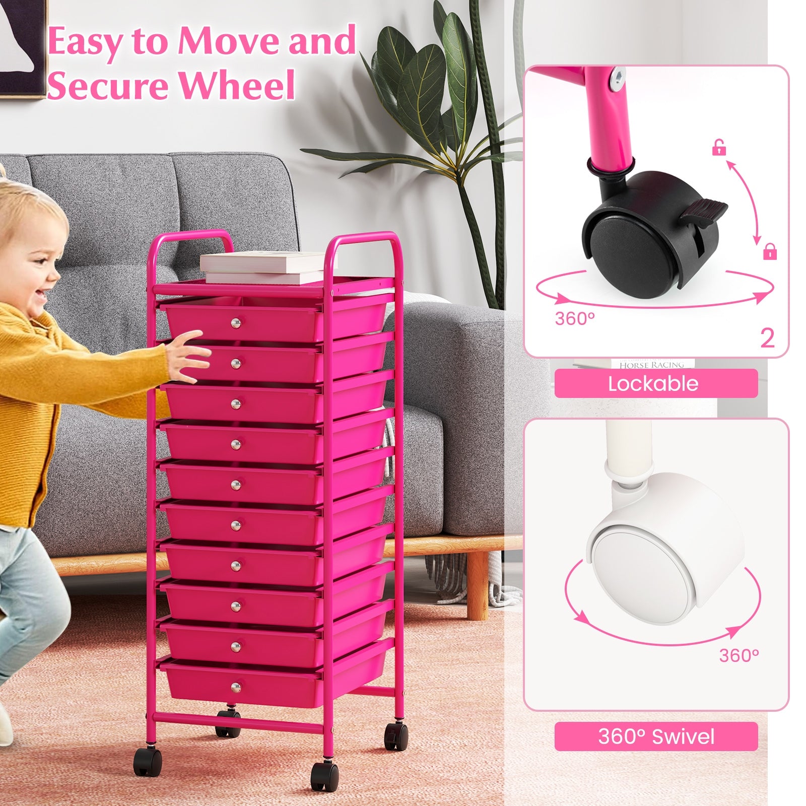 10 Drawer Rolling Storage Cart Organizer with 4 Universal Casters, Pink File Cabinets   at Gallery Canada