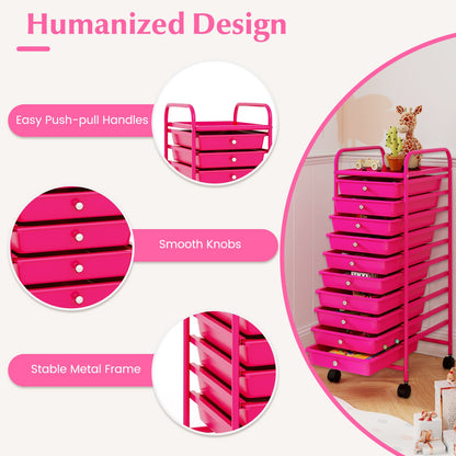 10 Drawer Rolling Storage Cart Organizer with 4 Universal Casters, Pink File Cabinets   at Gallery Canada