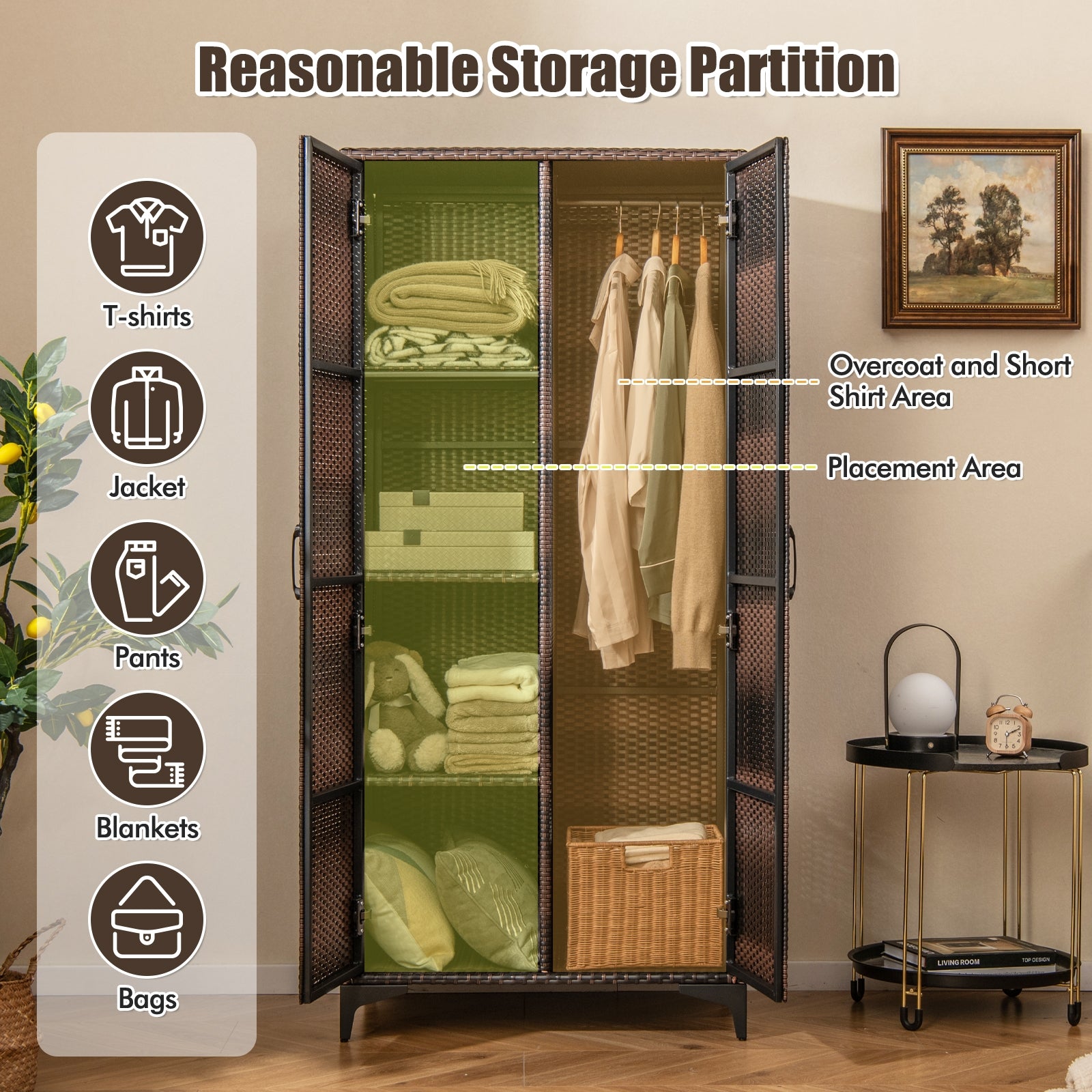 62 Inch Wicker Wardrobe with 2 Doors PE Rattan Closet with Hanging Rod, Brown Armoires & Wardrobes at Gallery Canada