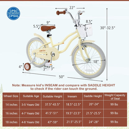 14/16/18 Inch Kids Bike Adjustable with Training Wheels Ages 3-8 Years Olds-18 inches, Beige Kids Bike   at Gallery Canada