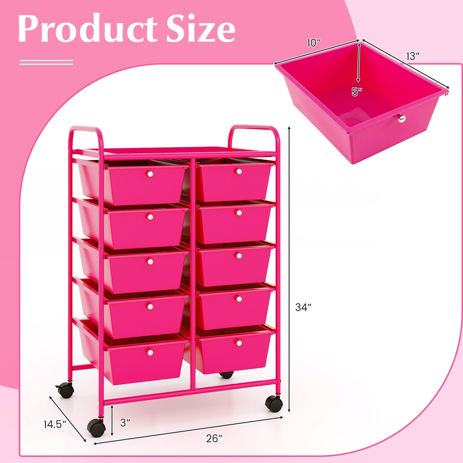 10-Drawer Rolling Storage Cart, Pink File Cabinets   at Gallery Canada