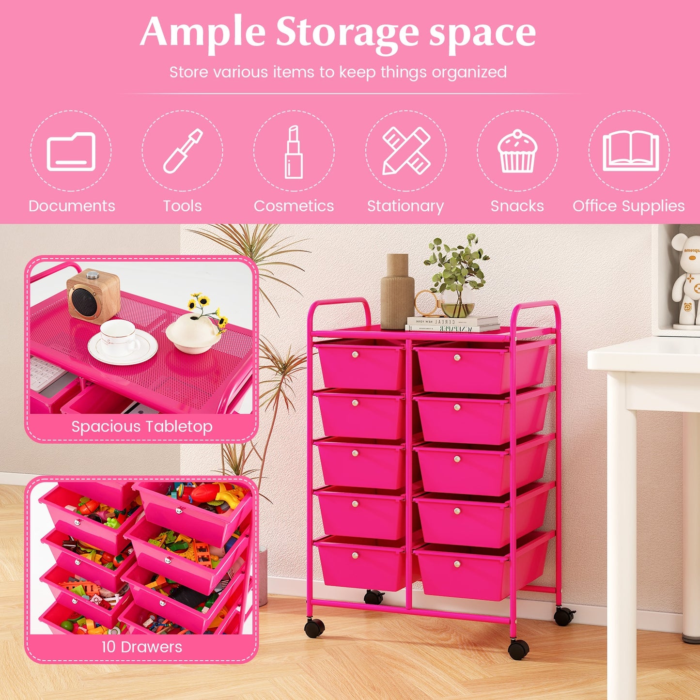 10-Drawer Rolling Storage Cart, Pink File Cabinets   at Gallery Canada