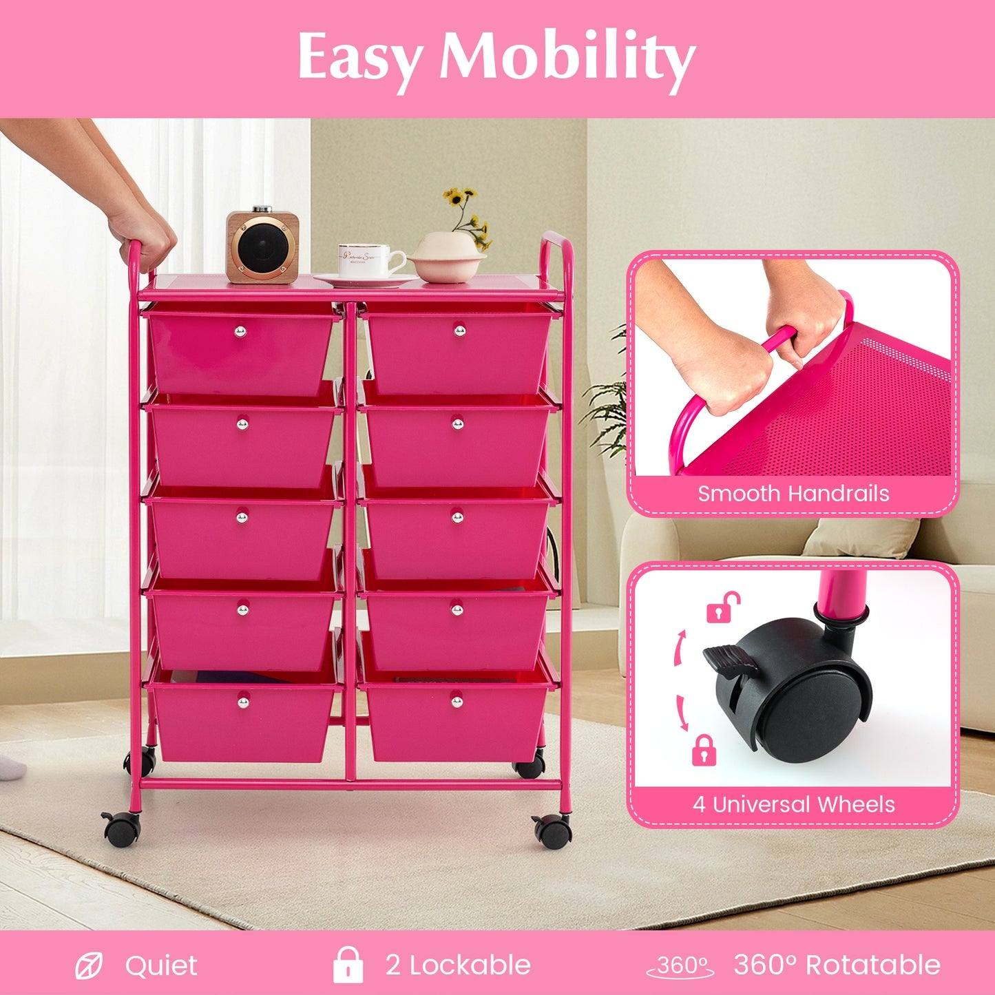 10-Drawer Rolling Storage Cart, Pink File Cabinets   at Gallery Canada