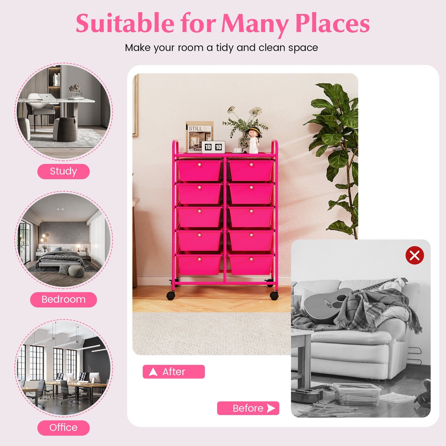 10-Drawer Rolling Storage Cart, Pink File Cabinets   at Gallery Canada