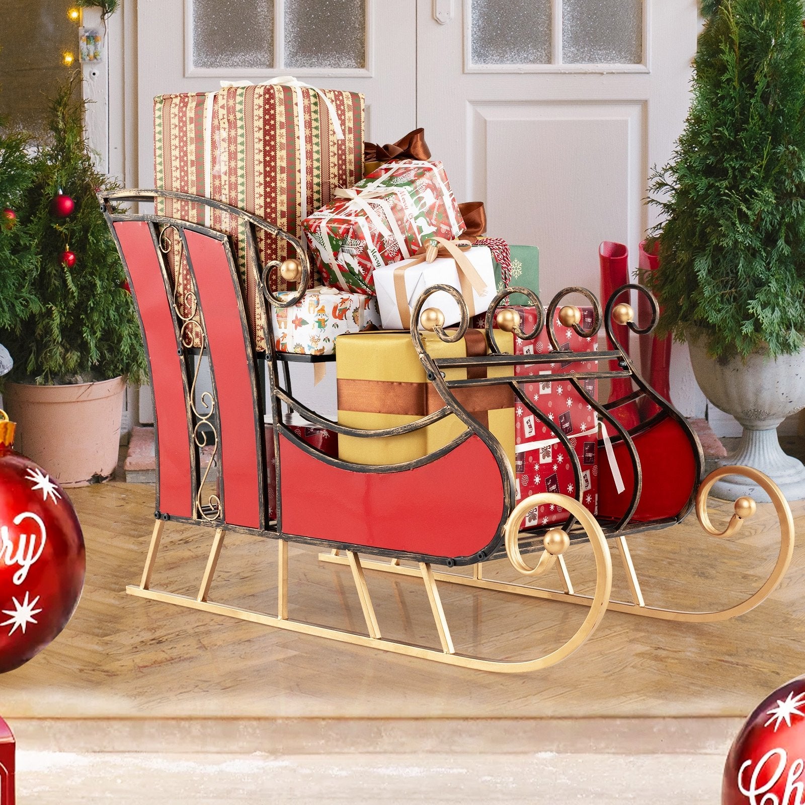 3 FT Christmas Metal Sleigh Decoration Santa Sleigh with 2-Tier Storage Shelf Christmas Decor & Accessories   at Gallery Canada